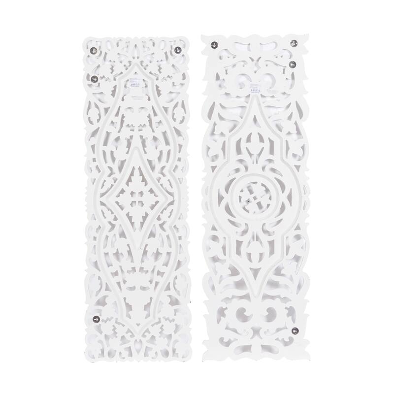 White Wood Handmade Intricately Carved Arabesque Floral Home Wall Decor (Set of 2)