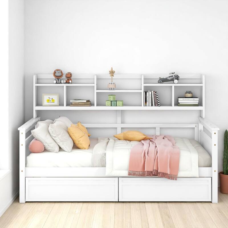 Wooden Twin/Full Daybed with 2 Storage Drawers and Bedside Shelves, No Box Spring Needed, Modern Design
