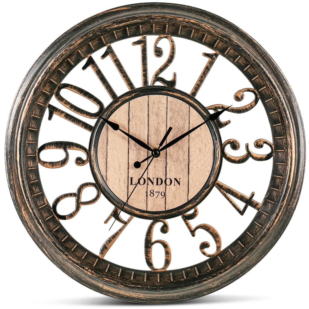 Large Wall Clock 16 Inch Non Ticking Battery Operated Brown Rustic Farmhouse Vintage Design Stylish Decorative Clocks