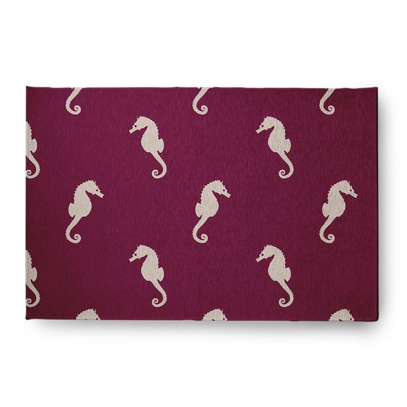 Sea Horses Beach Style Chenille Area Rug - Maroon Red - 4' x 6'