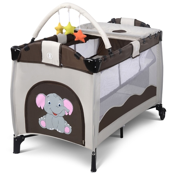 Portable Baby Playard Travel Bassinet Bed with Hanging Toys On