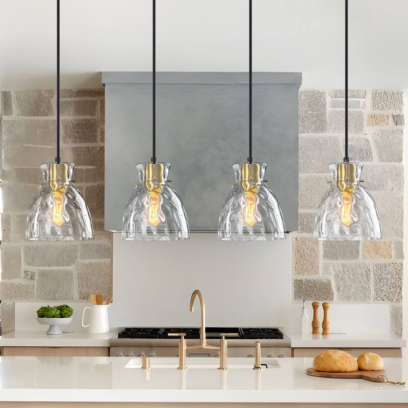 Starsky 4-Light Modern Linear Chandelier Cluster Kitchen Island Light with Hammered Glass Shade - Black&Gold