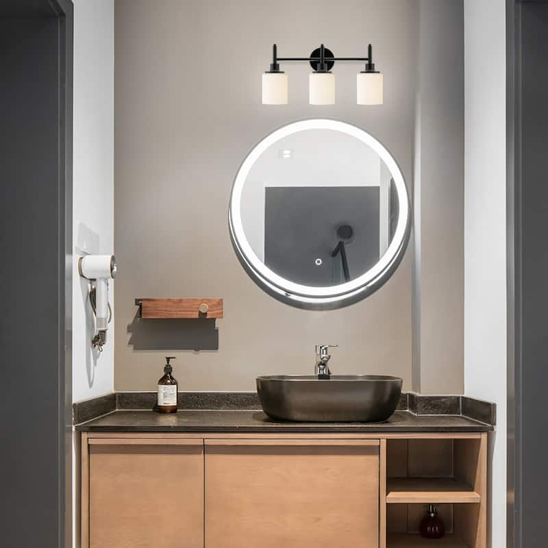21 in. 3-Light Matte Black Finish Vanity Light with White Glass Shades - 21.6 in. L x 6.75 in. W x 10.6 in. H
