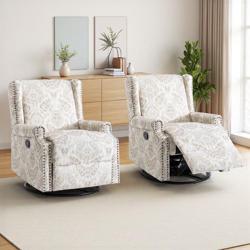UIXE 2 Set Roderich Farmhouse Floral Print Swivel Rocker Push Back Recliner - Beige