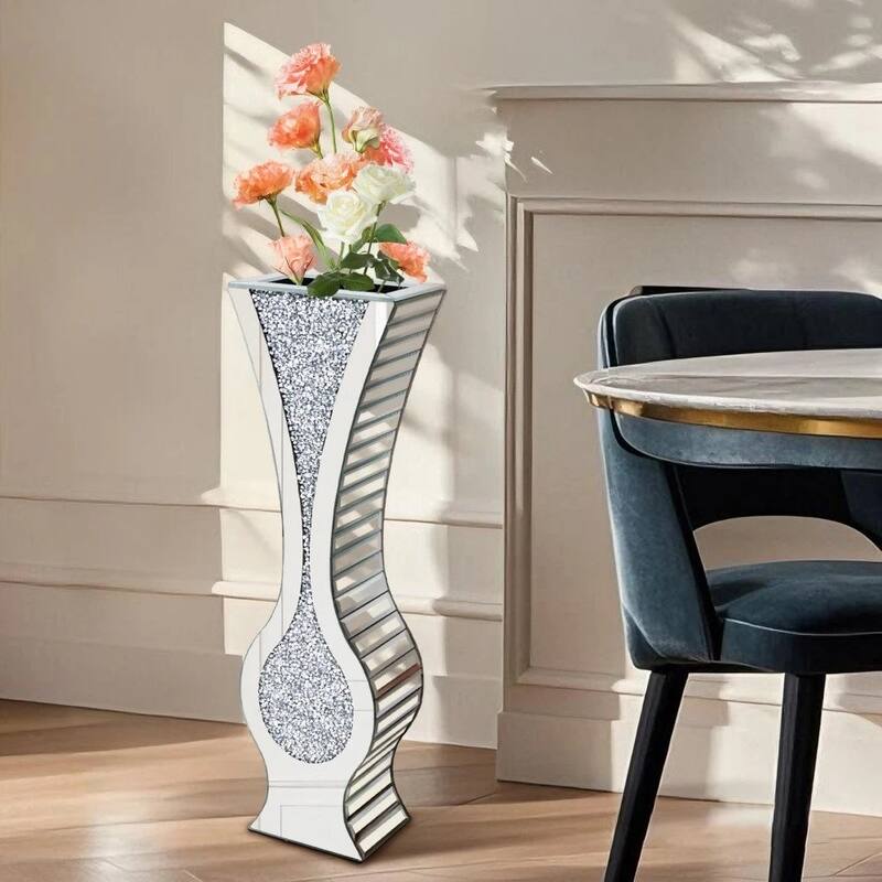 27" Tall Silver Mirrored Floor Vase Glam Crushed Diamond Vases