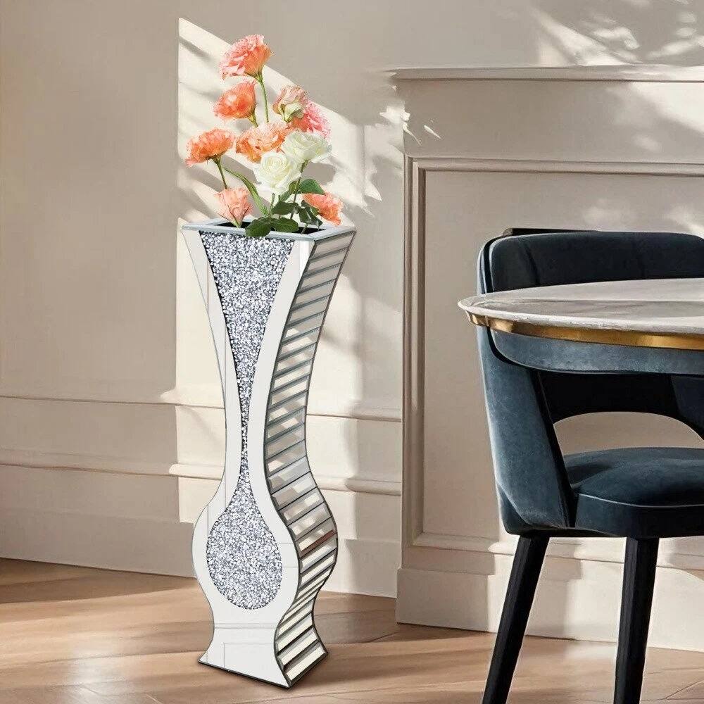 27" Tall Silver Mirrored Floor Vase Glam Crushed Diamond Vases