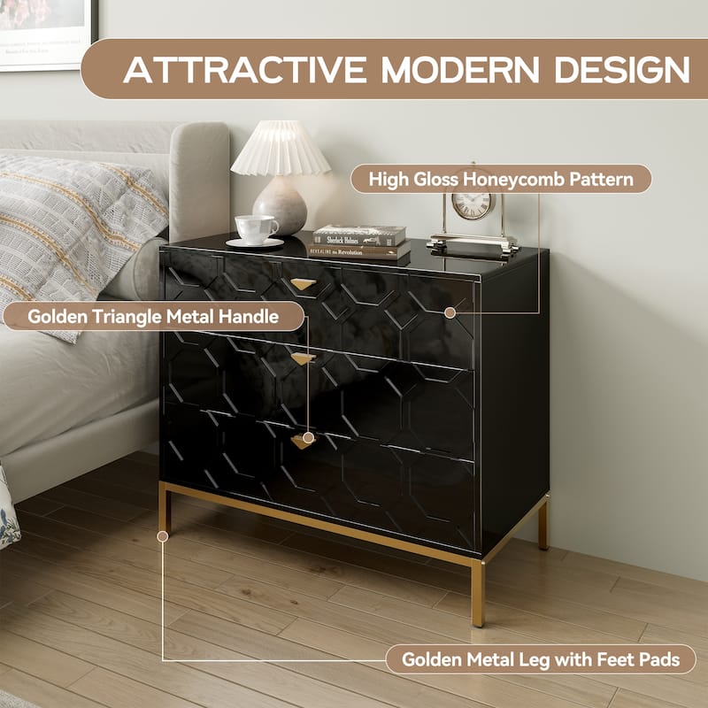 Clihome Modern Wooden Glossy 3-Drawer Storage Chest