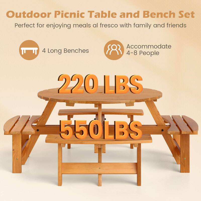 Costway 8-Person Round Picnic Table Set with 4 Built-in Benches 2" - See Details