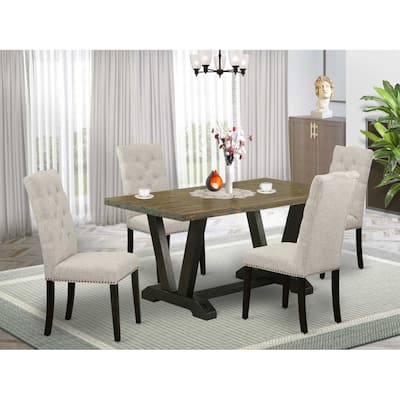 HomeStock 5-Piece Rectangle Distressed Jacobean Finish Solid Wood Top Dining Table with 4 Upholstered Chairs with Lattice Back