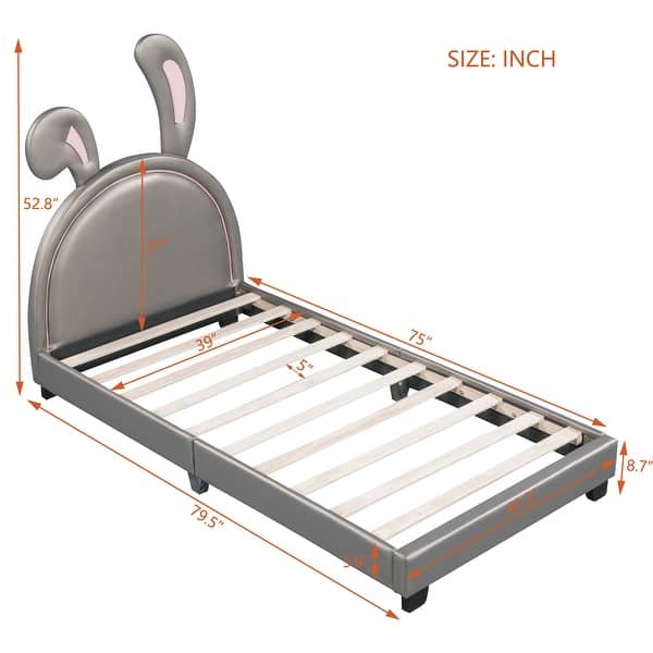 dimension image slide 1 of 3, Twin Size Upholstered Leather Platform Bed with Rabbit Ornament