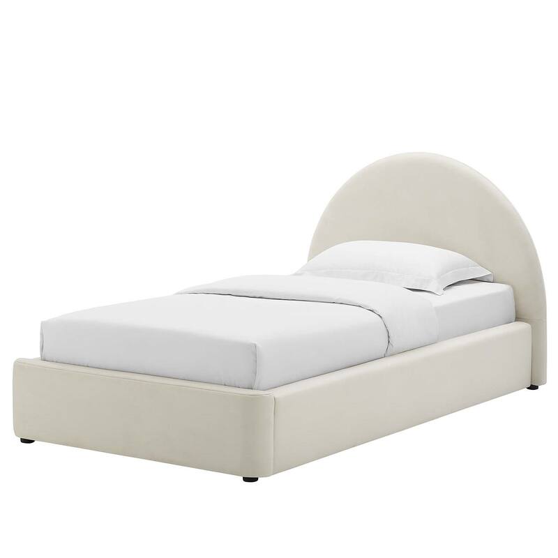 Palmetto Modern Round Headboard Off-white Velvet Upholstered Twin Size Platform Bed