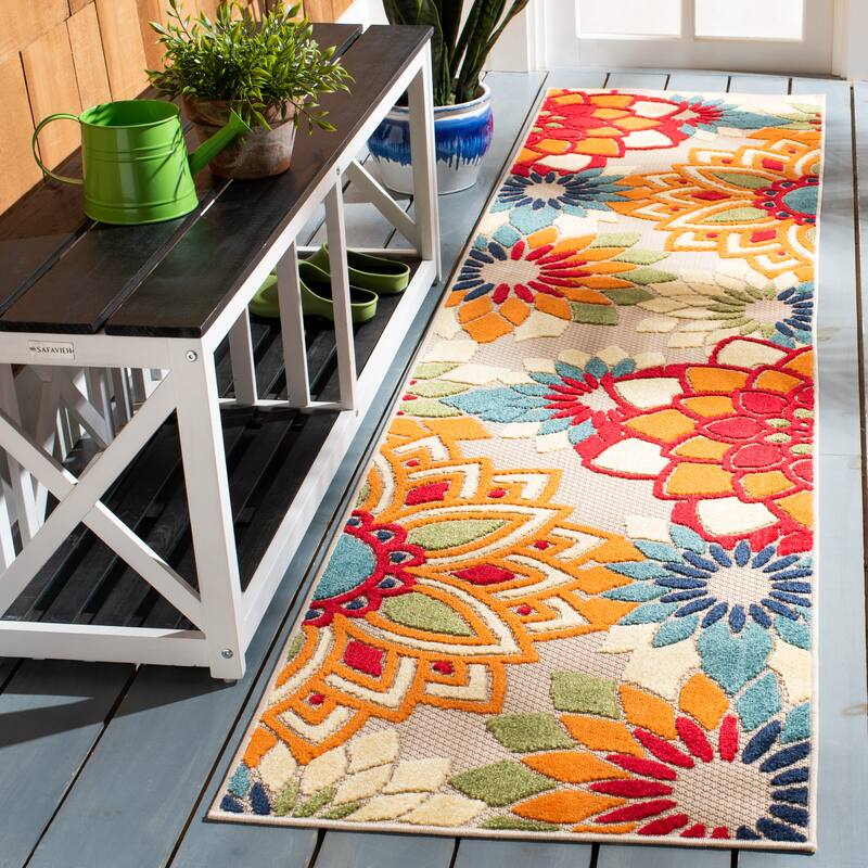 SAFAVIEH Cabana Elvezia Indoor/ Outdoor Waterproof Patio Floral Rug - 2'2" x 15' Runner - Ivory/Orange