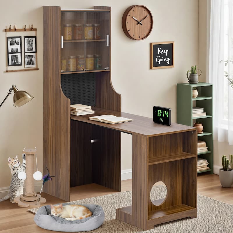 Foldable Wooden Desk with Hutch & Storage, Pet-Friendly Home Office Workstation with Shelves, Cat Bed & Scratching Post - Walnut