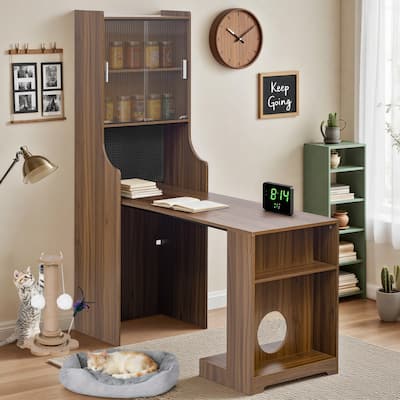 Foldable Wooden Desk with Hutch & Storage, Pet-Friendly Home Office Workstation with Shelves, Cat Bed & Scratching Post