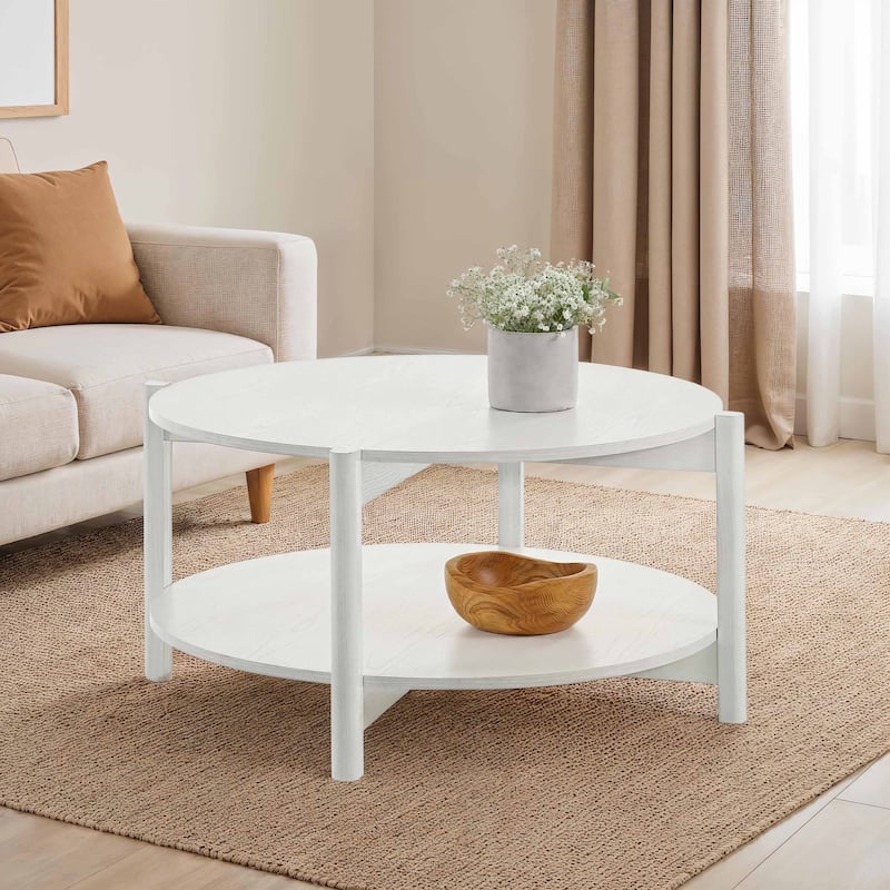 Furniture of America Rovion Round Wood Coffee Table with Open Bottom Shelf - White