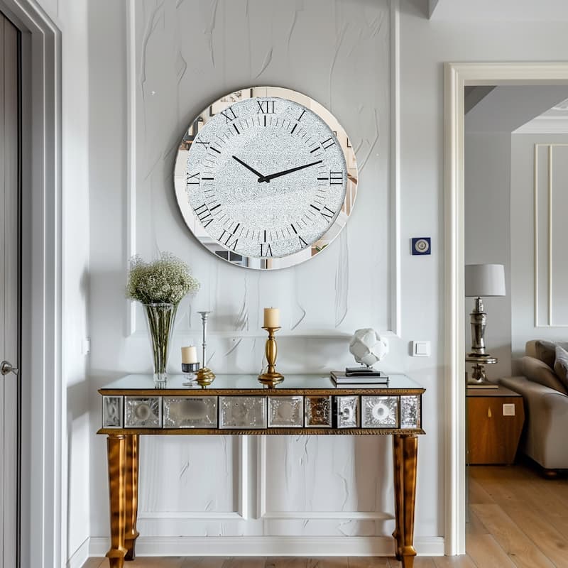 24" Large Silver Round Mirror Wall Clock Twinkle Crystal Diamond