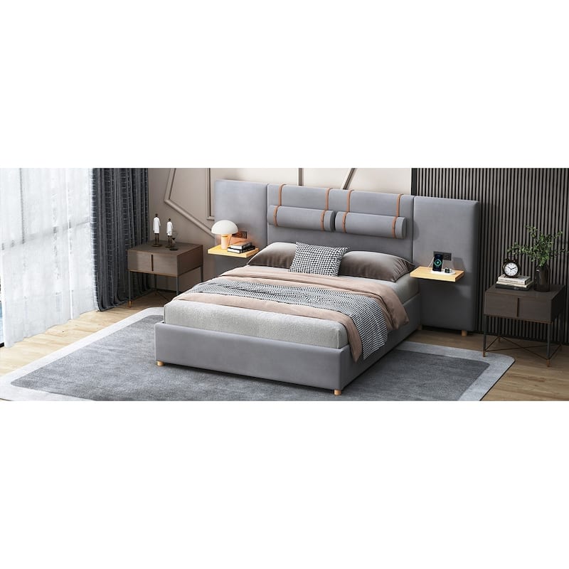 Queen Upholstered Platform Bed with Two Outlets and USB Charging Ports on Both Sides