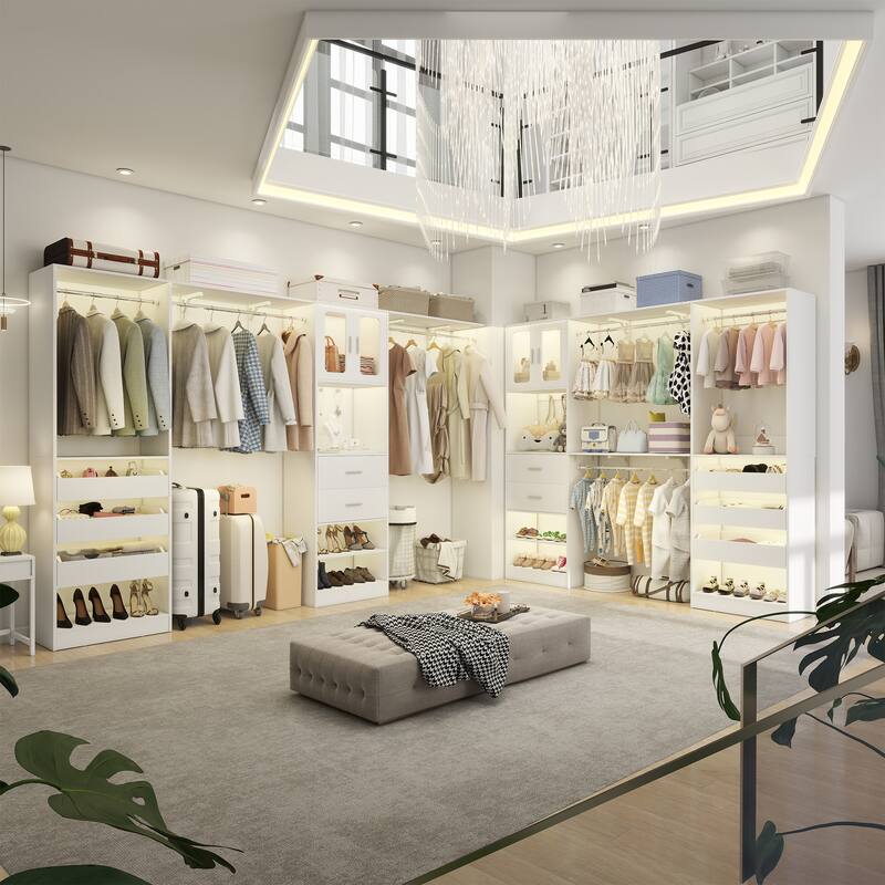80"-120" Closet System With Door and Wooden Drawers, Closet Organizer System with 3 Haning Rods and Storage Shelves
