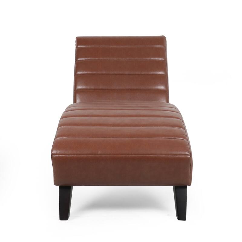 Roomfitters Modern Faux Leather Chaise Lounge with Curved Seat and Padded Channel Tufting, Light Brown