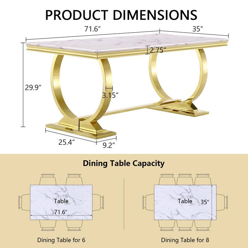 Luxury Dining Table with Polished Metal Circle Base - 72 Inch