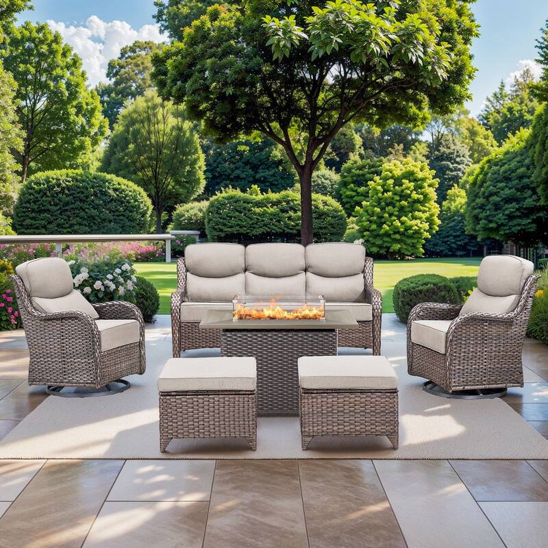 Pocassy Outdoor 6 Inch Sofa Chair Ottoman with Fire Pit Table Set - Brown Wicker Beige Cushion - 6 Pieces Sofa Chair Ottoman with Fire Table
