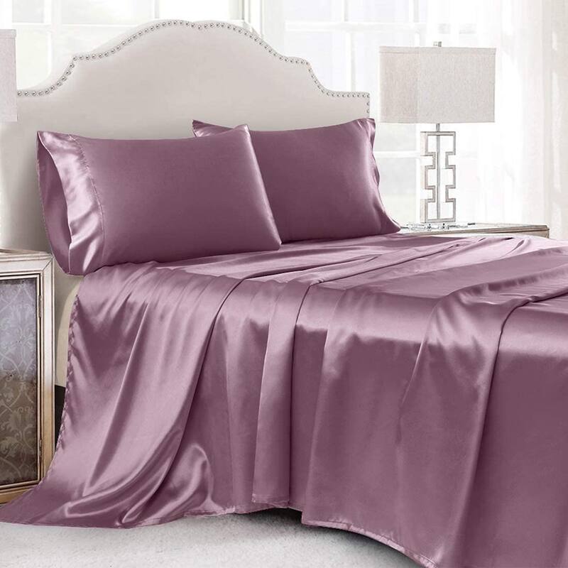 Silky Satin Bed Sheets Set Pillowcase Deep Pocket Flat Fitted Sheet