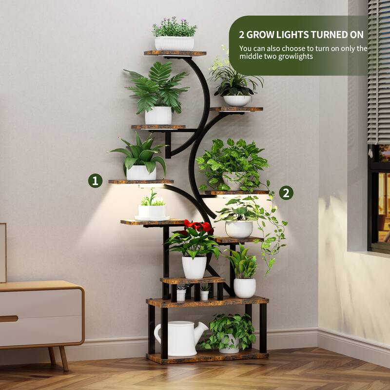 68.5 in. H Brown S-shaped MDF Indoor Plant Stand with 5 Grow Lights 10 Tiered Tall Plant Shelf 10-Level Stepless Dimming