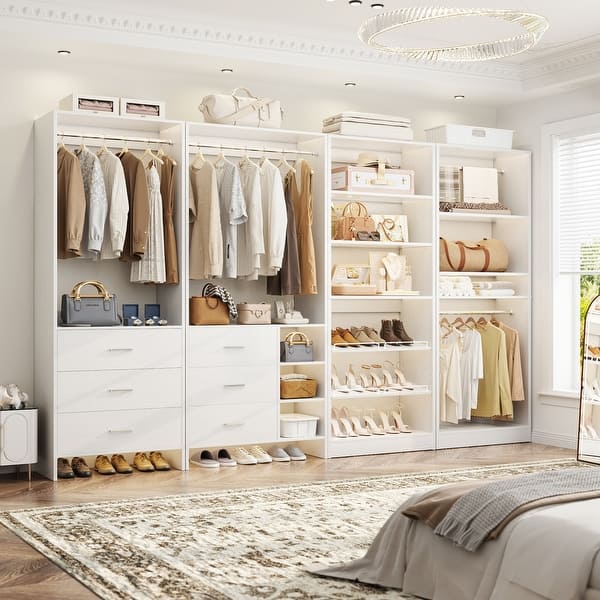 slide 2 of 15, Cimly Set of 4 Closet Organizer with Drawers and Shoe Rack, Freestanding Closet System with Hanging Rods White