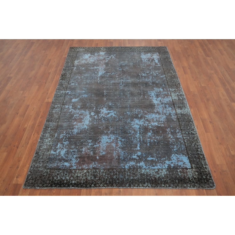 Hand Knotted Oriental Viscose Silk Carpet Modern Abstract Greys & Charcoal Abstract Area Rug - 7' 8'' X 5' 2''