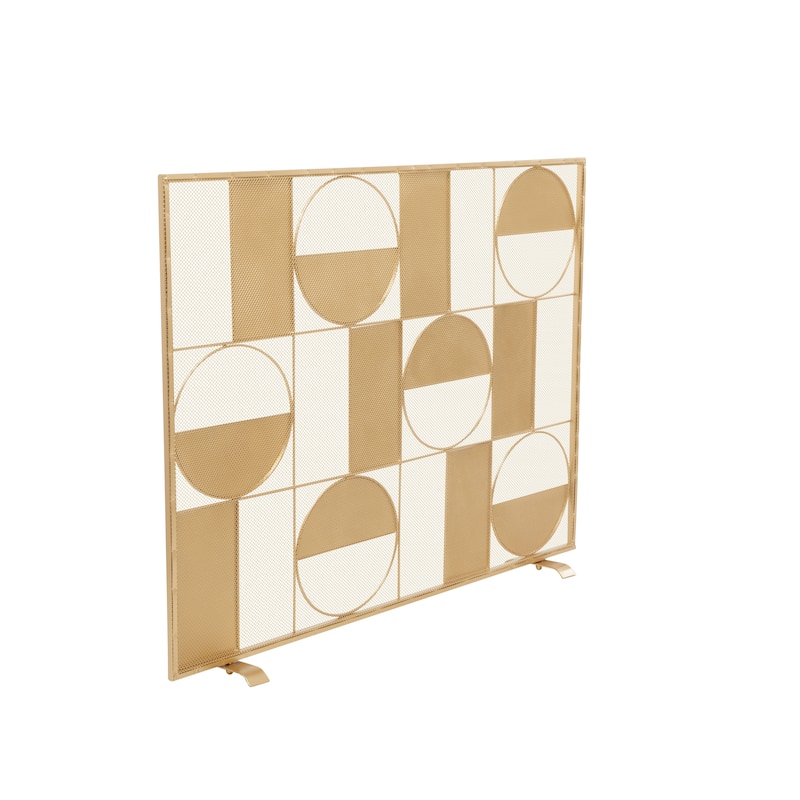 Gold Metal Cut-Out Single Panel Geometric Fireplace Screen with Mesh Netting