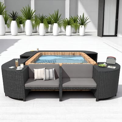 Outdoor Hot Tub Surround Spa Furniture Set with Storage Cabinet, Cushioned Seats - Beige Patio Lounge Set