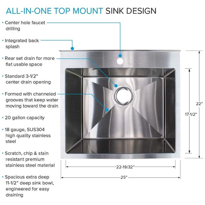 Transolid TRS_TFH-2522 25" Free Standing Single Basin Stainless Steel