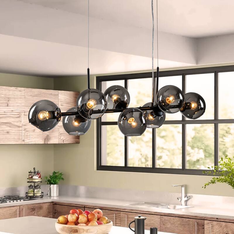 8-Light Modern Linear Glass Kitchen Island Pendant Sputnik Chandelier with Black Smoke Glass Globe