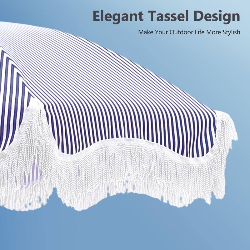 MAISON ARTS 7ft Patio Fringe Umbrella Outdor Tassel Beach Umbrella with Push Botton Tilt UPF50+