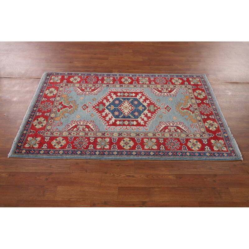 Light Blue Geometric Kazak Rug Handmade Traditional Wool Carpet - 3'0" x 4'11"