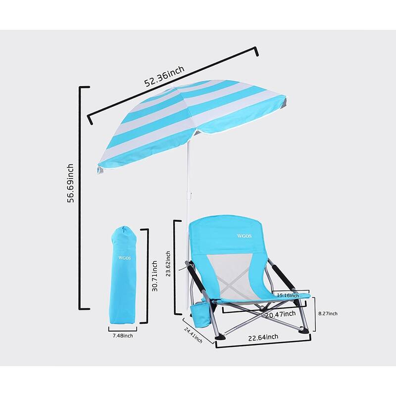 Low Beach Folding Camping Chair with Detachable SPF 50 Umbrella, Armrests with Cup Holder, Portable Lightweight Outdoor