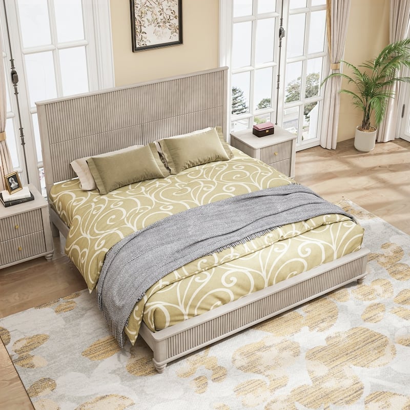 Solid Wood Bed Frame with Tall Headboard - Beige - King
