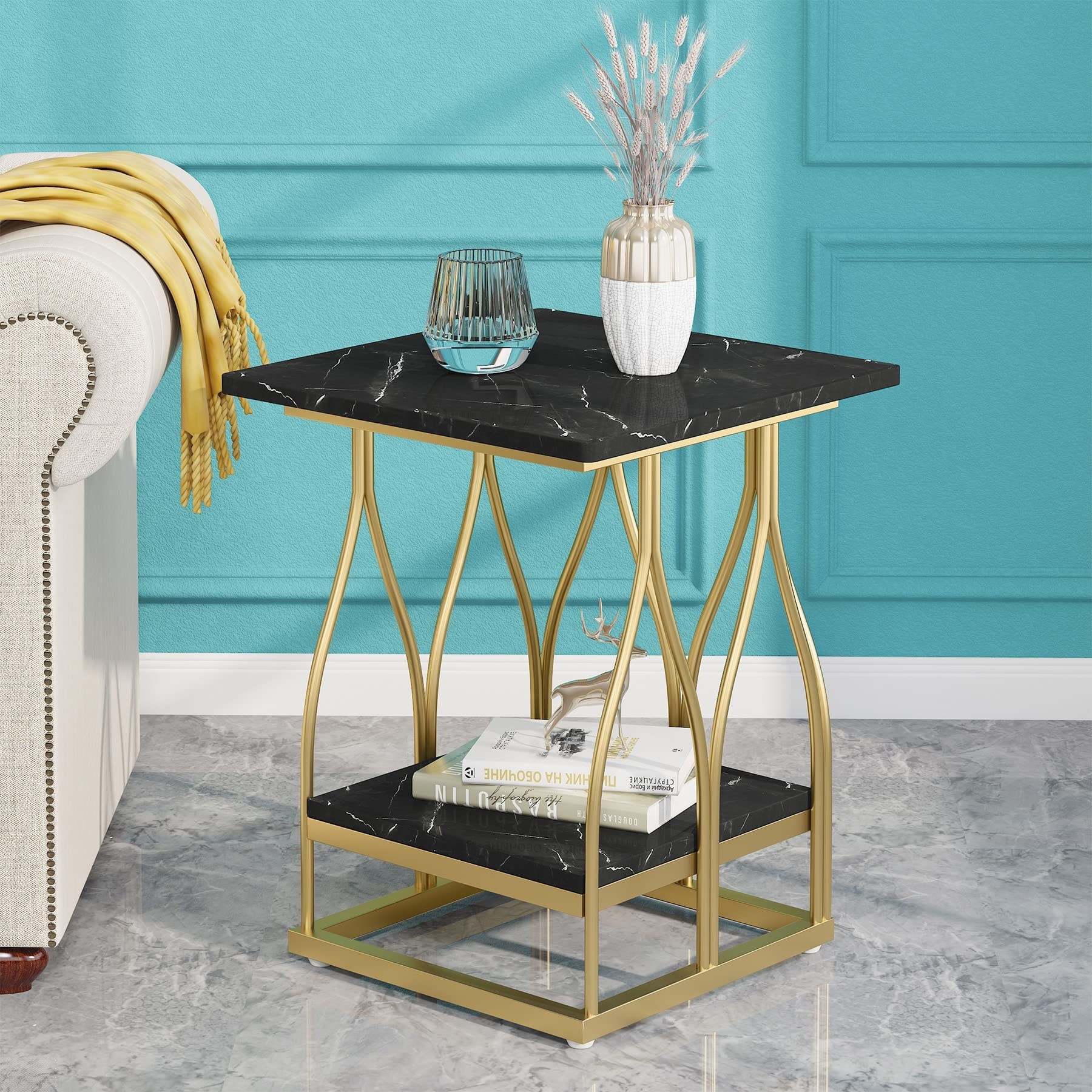 Modern White Gold Faux Marble End Table with Storage Shelf On Sale Bed Bath Beyond 36330120