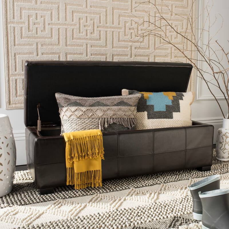 SAFAVIEH Kerrie Brown Bicast Leather/Wood Storage Bench - 46.9" x 18.3" x 16.7" - 47Wx18Dx17H