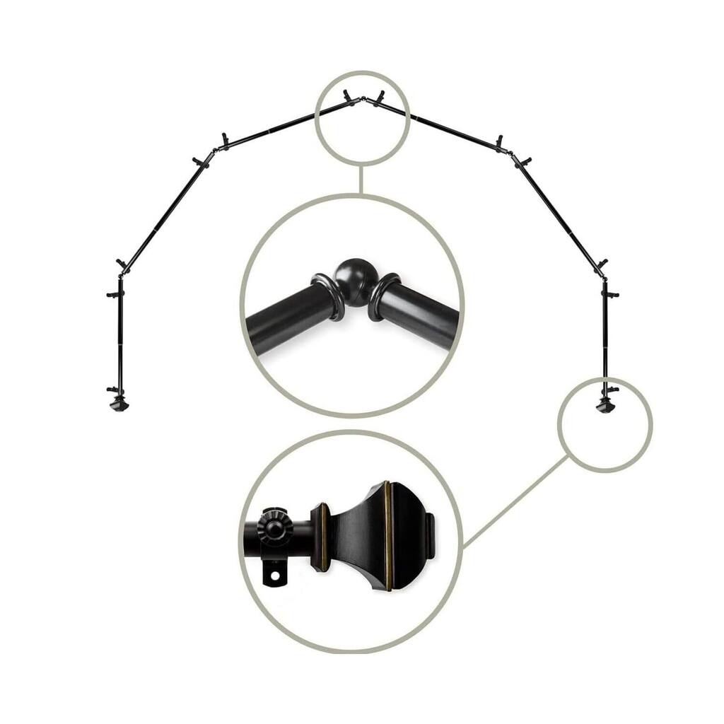 Black Corner Curtain Rod - 13/16 Inch Attic Window Rods - 6-Sided Bay Window Drapery Hardware - M