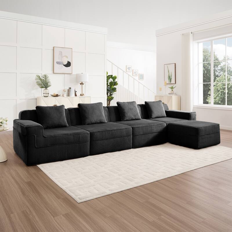 GDFStudio - Corduroy Modular 4-Seater 153.5" L-Shaped Boneless Cloud Sofa with Ottoman