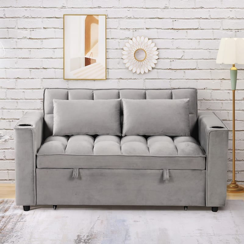 58" Velvet Sofa Bed with Built-In Cup Holder and USB Port, Great for Apartments or Guest Rooms