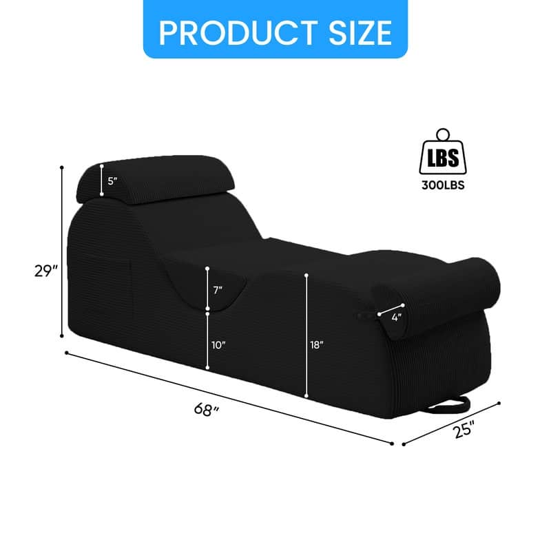 Mixoy Corduroy Yoga Chaise Lounge Chair,Curved Yoga Sofa with Movable Headrest/Waist Cushion/Footrest,Non-Slip Bottom