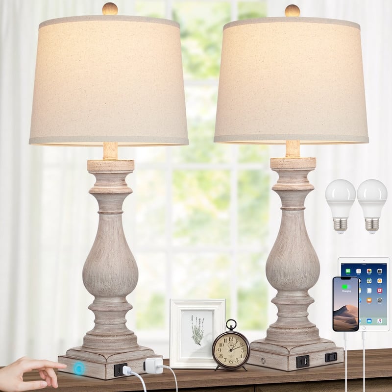 27.5'' Beige Bedside Resin Table Lamps with Built-in USB Ports, and Touch Control (Set of 2) - 12.5'' x 12.5'' x 27.5''