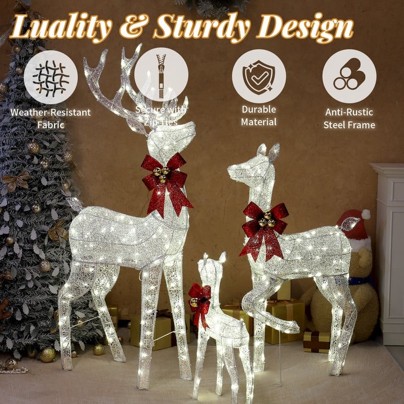 3-Piece Lighted Christmas Reindeer Family Set Outdoor Decorations Weather Proof Sparkling Deer Family