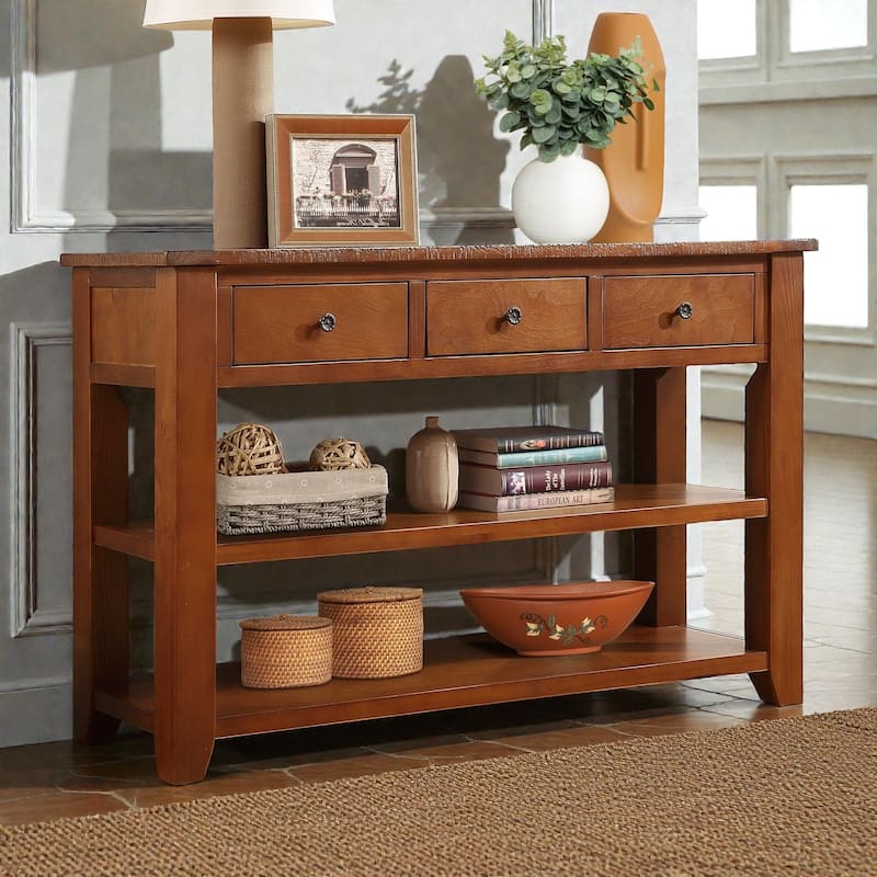 48 Inch Solid Pine Wood Console Table with 3 Drawers & 2 Shelves, Vintage Entryway Sofa Table for Hallway & Living Room - Brown