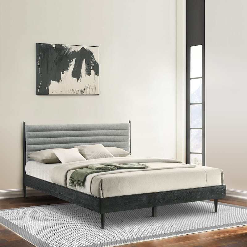 Artemio Black or Walnut Wood King Platform Bedframe with Grey Upholstered Headboard - Black