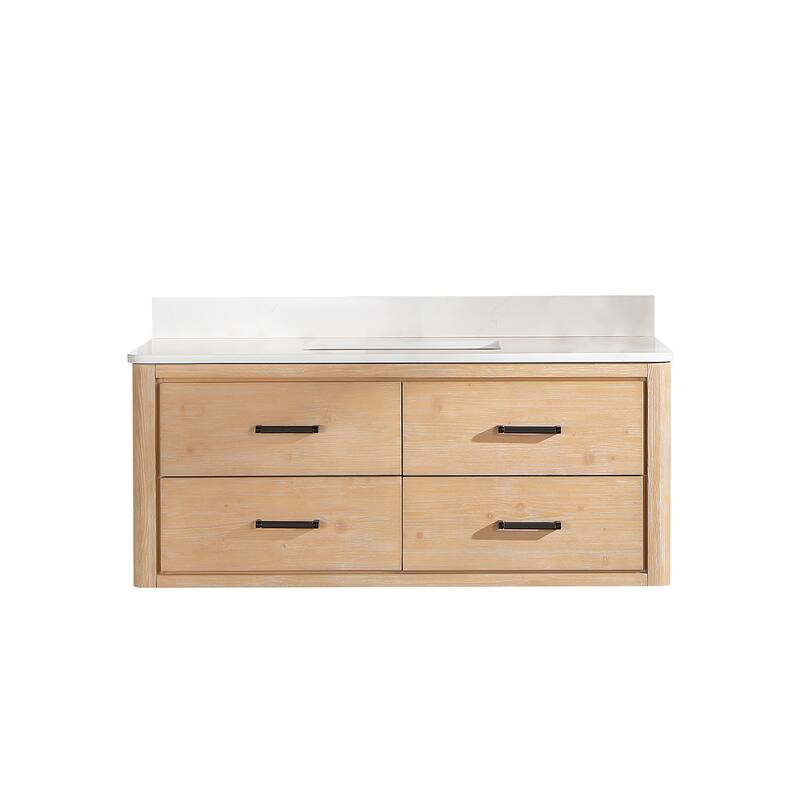Cristo Floating Bath Vanity with White Quartz Stone Top without Mirror - 48 in. - Fir Wood Brown