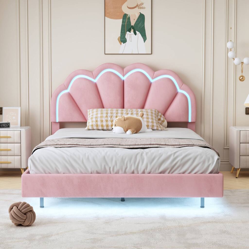 Upholstered Smart LED Bed Frame with Elegant Flowers Headboard,Floating Velvet Platform LED Bed with Wooden Slats Support
