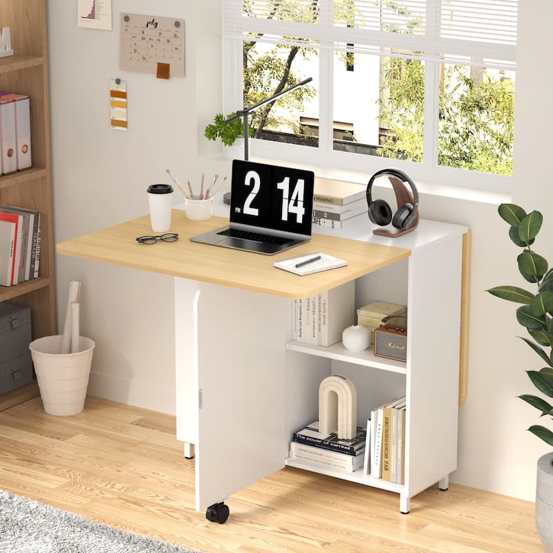 Modern Farmhouse Foldable Dining Table with Storage Cabinet